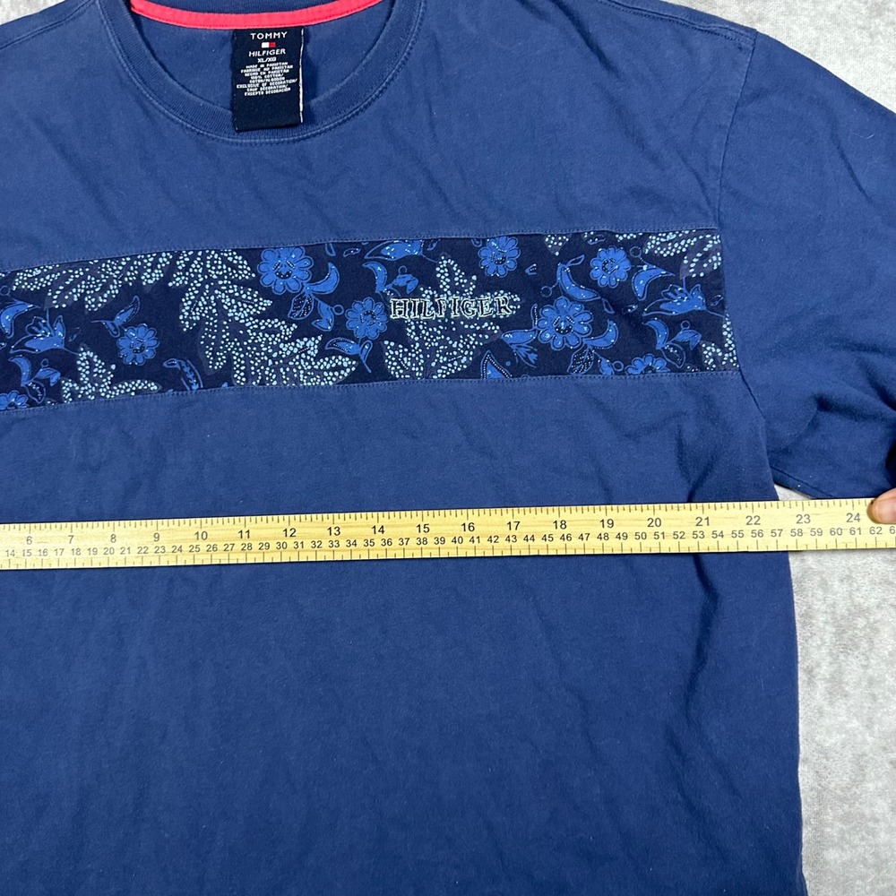 Tommy Hilfiger Mens XL Navy Blue Floral Chest Stripe Crewneck T-Shirt Cotton Y2K - Picture 4 of 5